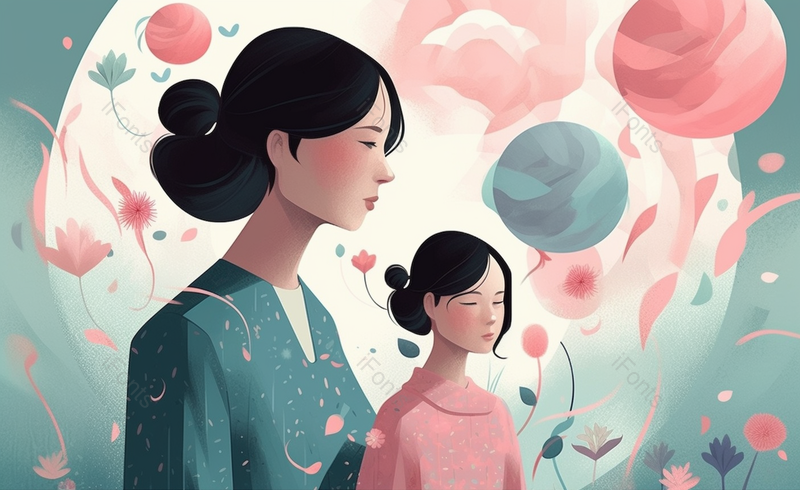粉色绿色气球母女母亲节手绘场景,插画/手绘图,插画/手绘图库,插画/手绘图下载,插画/手绘